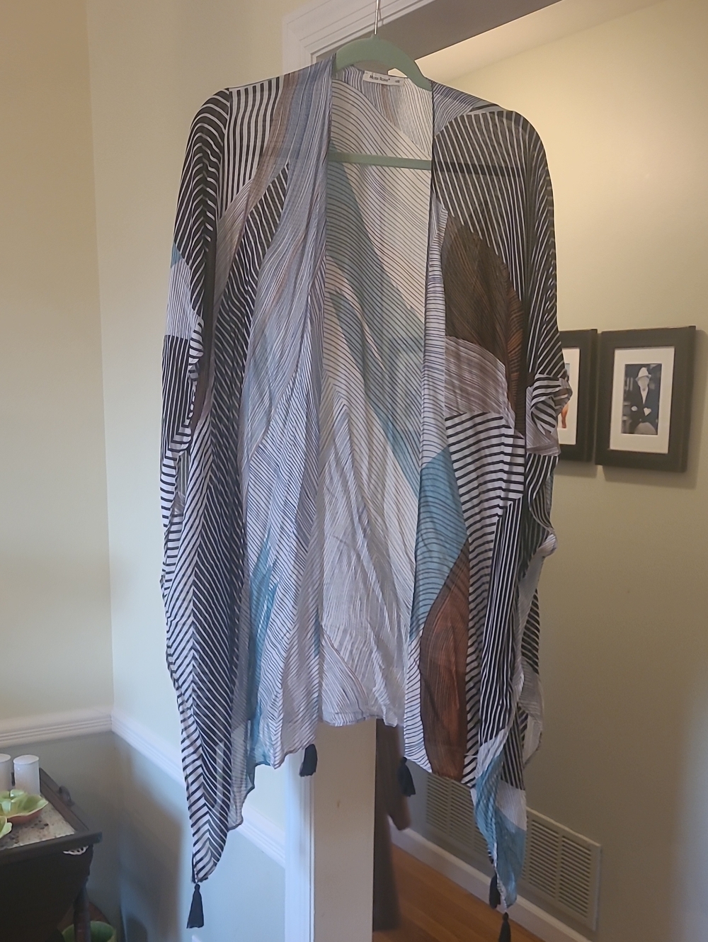 Striped Lightweight Swim Coverup Kimono in Black, White & Blue